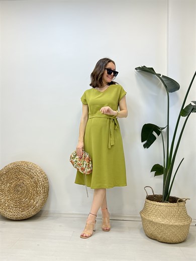 Yağ Yeşili V Yaka Kloş Kesim Elbise 24837