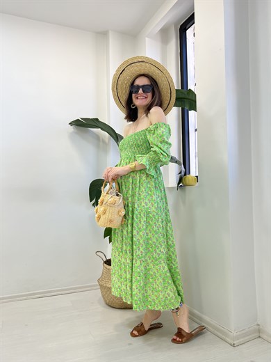 Yeşil Çiçekli Ön Arka Gipeli Viskon Kumaş Elbise