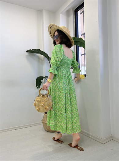 Yeşil Çiçekli Ön Arka Gipeli Viskon Kumaş Elbise